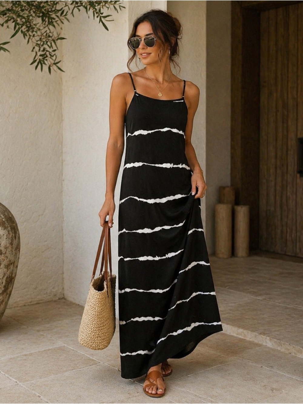 Emery Rose Black White Striped Maxi‎ Dress Adjustable Strap Size M